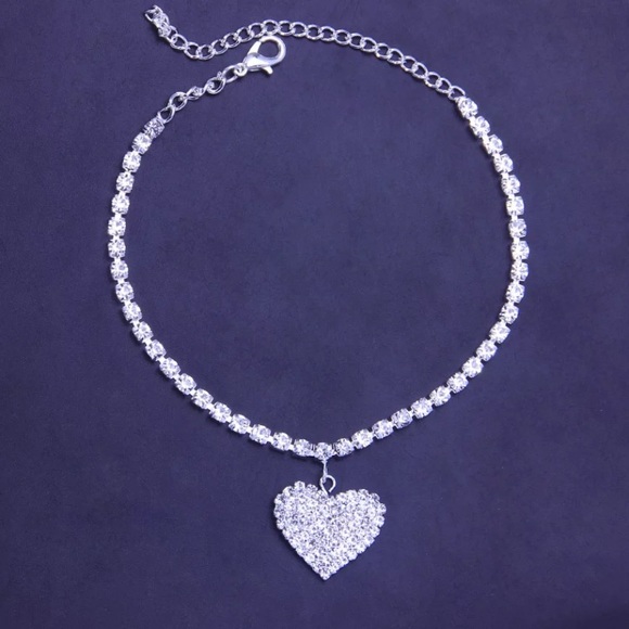 🌟 Rhinestone Diamond Heart Platinum Plated Dainty Anklet - Picture 3 of 4